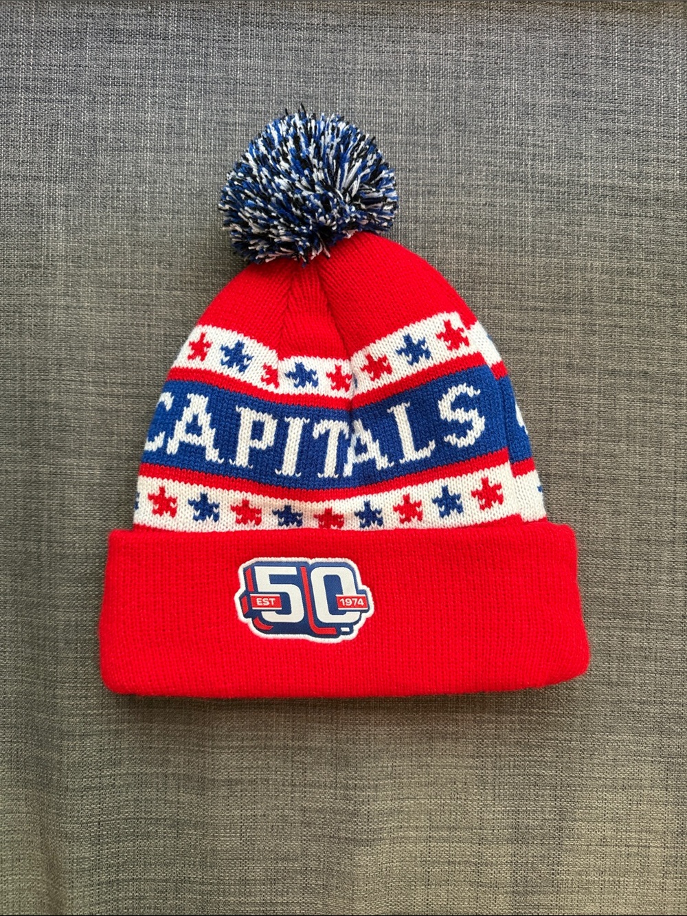 Washington Capitals Pom Beanie Hat in Red, White & Blue